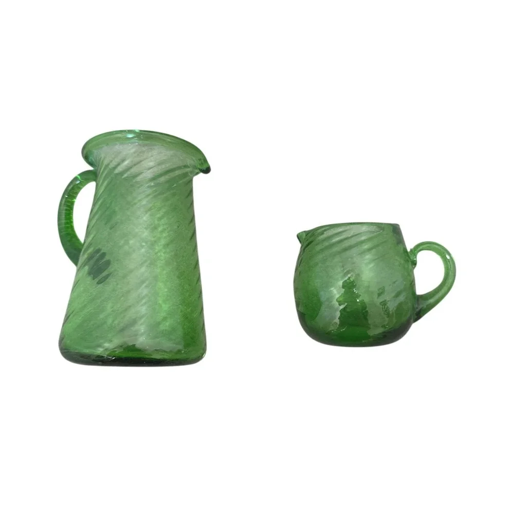 Vintage Hand Blown Green Swirl Art Glass Pitcher & Creamer Set Applied Handles